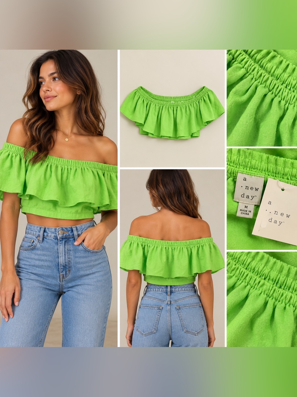 a new day Neon Green Off-Shoulder Ruffle Crop Top